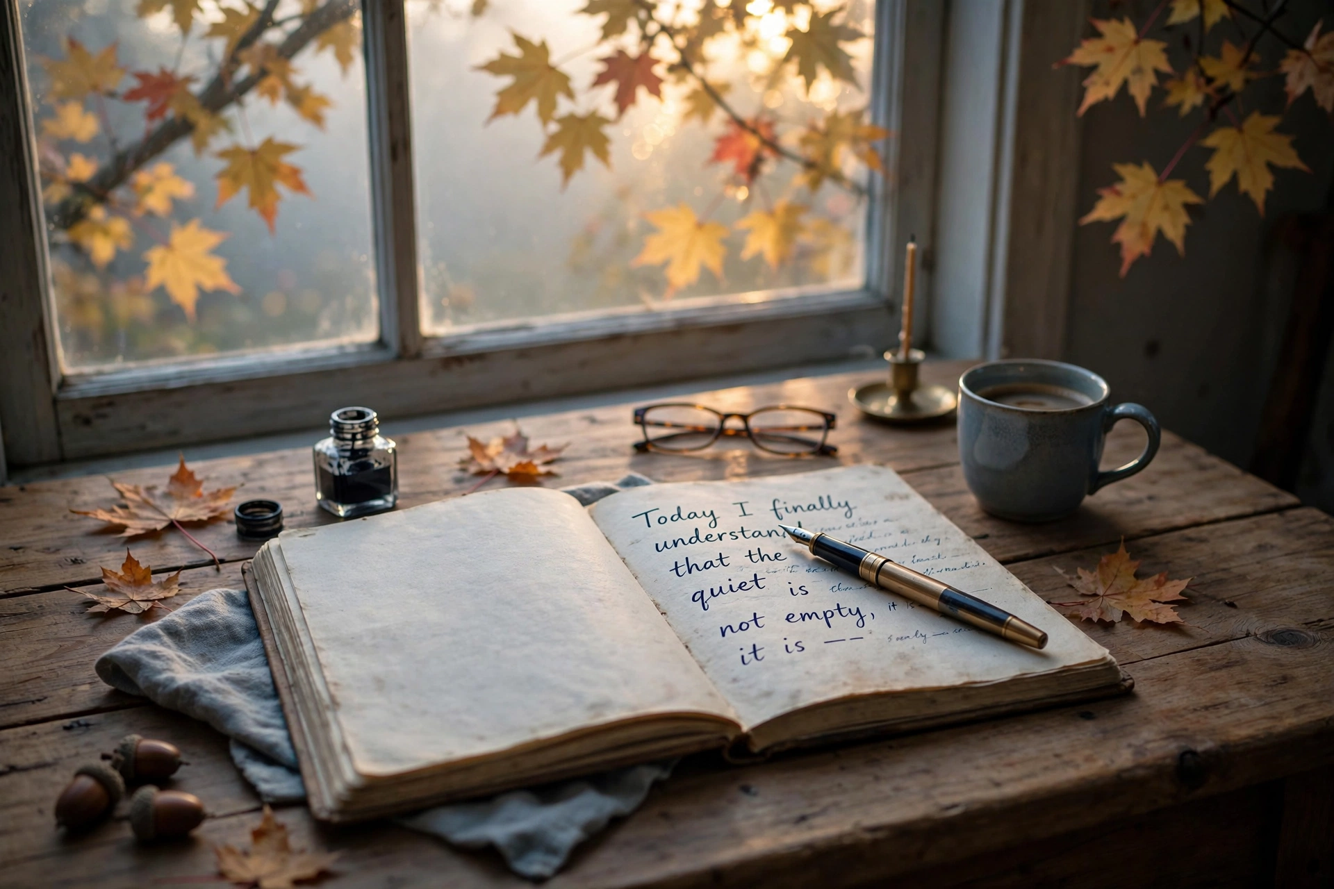 A desk at dawn: open journal, pen mid-sentence, October light through maple leaves