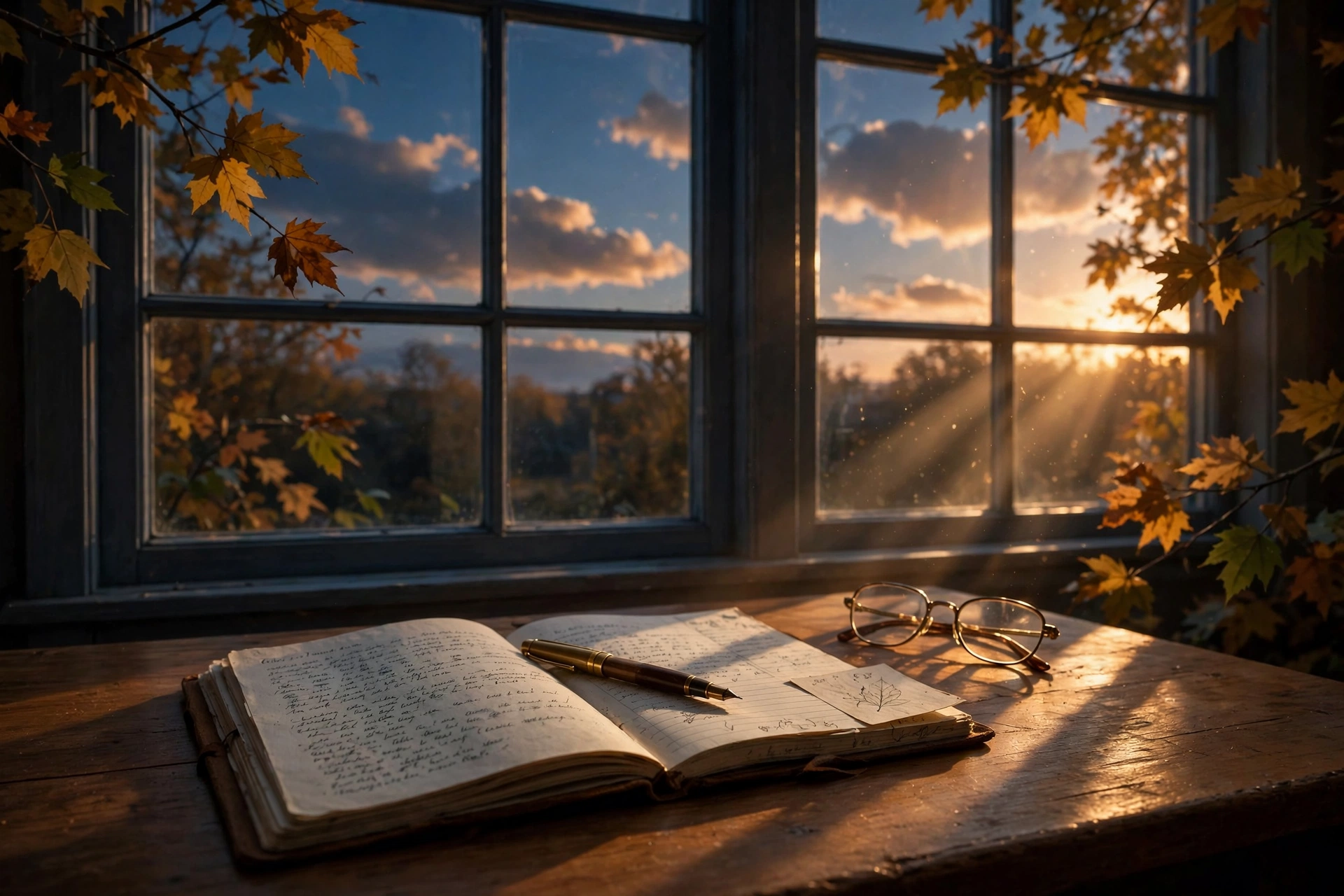 A desk at evening: open journal, pen mid-sentence, October light through maple leaves