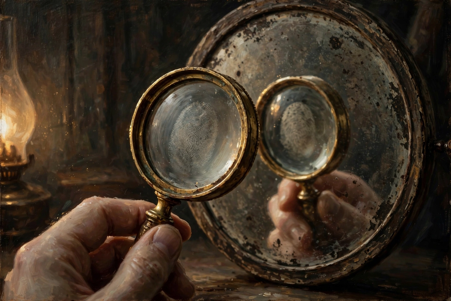 A brass lens with a smudge on its glass, catching itself in an old mirror