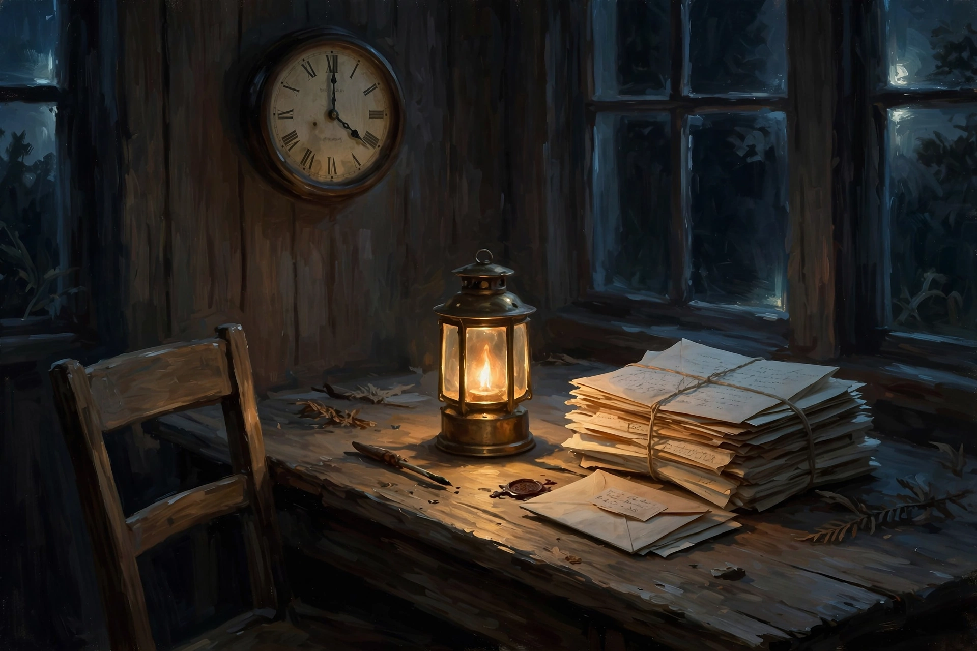 A brass lantern on a clerk's desk at 4 AM